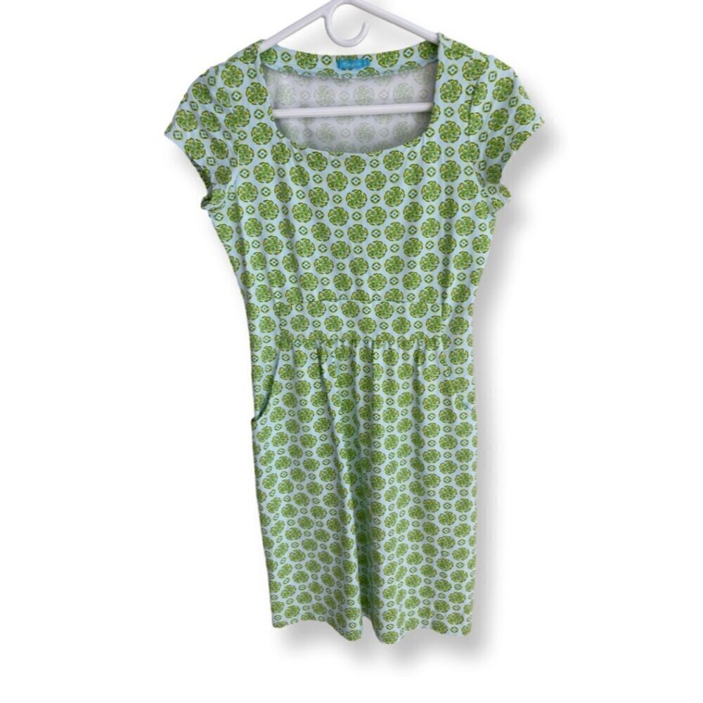 J. McLaughlin Short Sleeve Spring Catalina Cloth Dress Blue Green Print Size XS